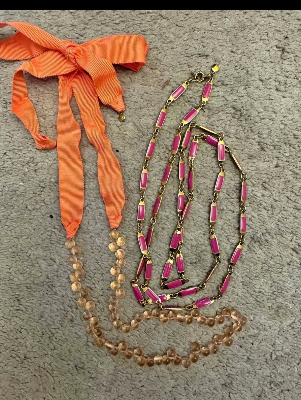 J. Crew Statement Necklace Set - 2pc Pink Enamel Link & Orange Ribbon Beaded Lot